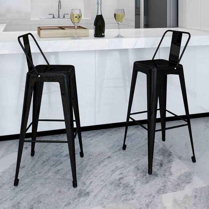 Modern Black Steel Bar Stools Set for Kitchen Island, High Table - Sleek Design, Durable Metal Construction with Comfortable Footrest, Easy Clean Indoor Use