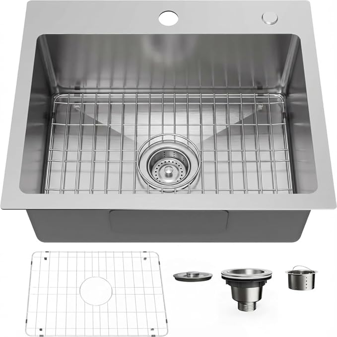 20" x 16" Drop in Kitchen Sink 304 Stainless Steel Single Bowl Topmount Kitchen Sink with Drain Kit and Bottom Grid, Brushed