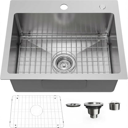 20" x 16" Drop in Kitchen Sink 304 Stainless Steel Single Bowl Topmount Kitchen Sink with Drain Kit and Bottom Grid, Brushed