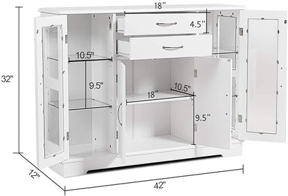 Giantex Sideboard Buffet Server Storage Cabinet W/ 2 Drawers, 3 Cabinets and Glass Doors for Kitchen Dining Room Furniture Cupboard Console Table (White)
