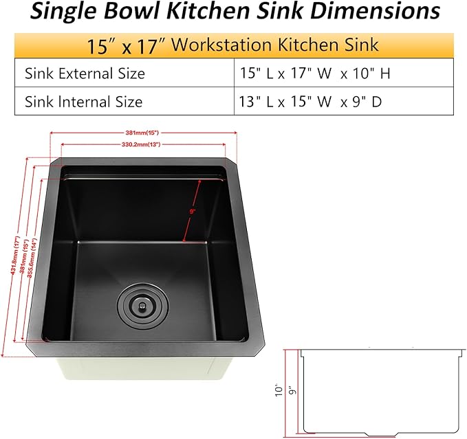 Black Undermount Bar Sink, 16 Gauge 304S Stainless Steel Undermount Kitchen Sink, All In One Workstation Sink with Accessories, 15" x 17" x 10" Small Kitchen Sink for Wet Bar, Outdoor and RV