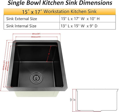 Black Undermount Bar Sink, 16 Gauge 304S Stainless Steel Undermount Kitchen Sink, All In One Workstation Sink with Accessories, 15" x 17" x 10" Small Kitchen Sink for Wet Bar, Outdoor and RV