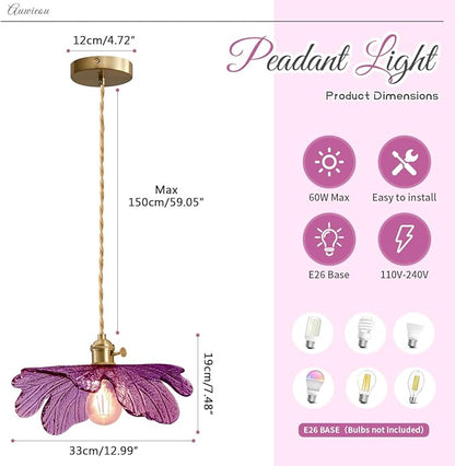 Mid Century Pendant Light with Purple Glass Flower Shade Vintage Hanging Light in Brushed Brass, Gold Adjustable Ceiling Lighting for Kitchen Island, Dining Room, Bedroom