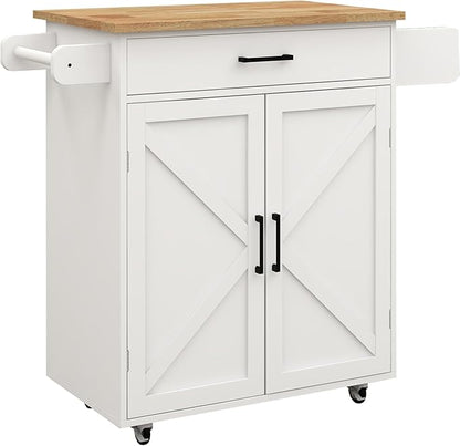 Modern Dining Table Kitchen Island Rolling Trolley Cart with Shelves, Drawer, Doors, Towel Rack & Seasoning Rack - Rubber Wood Table Top for Dining Room,White-MDF-2