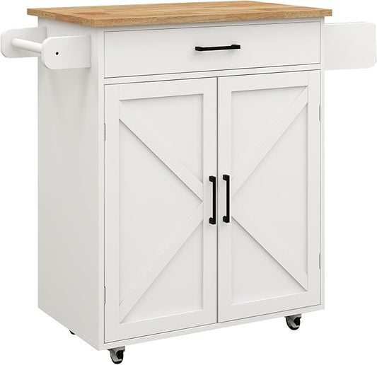 Modern Dining Table Kitchen Island Rolling Trolley Cart with Shelves, Drawer, Doors, Towel Rack & Seasoning Rack - Rubber Wood Table Top for Dining Room,White-MDF-2
