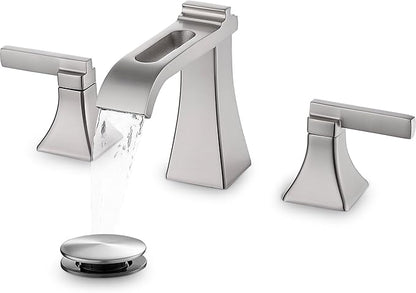 Brushed Nickel Bathroom Faucet 3 Hole, Brass Waterfall 8 Inch Widespread Bathroom Sink Faucet with Pop-Up Drain, cUPC Supply Hoses, 2 Handles for Vanity, Restroom, Modern Hollowed Design