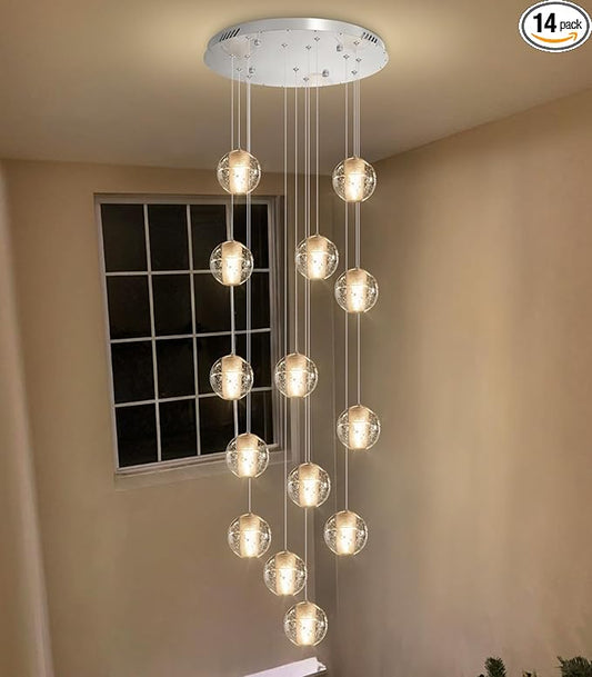 HAIXIANG 14-Lights Modern Chandelier Bubble Crystal 118" Long Lights for Living Room Entrance Foyer Sloped High Ceiling Spiral Pendant Lighting Warm Ligh Bulbs Silver Lights