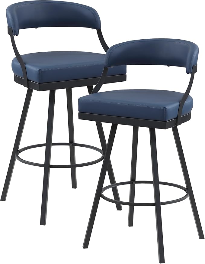 Lexicon Swivel Bar Stools Set of 2 - Bar Height Stools for Kitchen Island, Padded Seat, Open Back, Sturdy Black Metal Frame Finish and Blue Faux Leather Cushion Seat, Blue