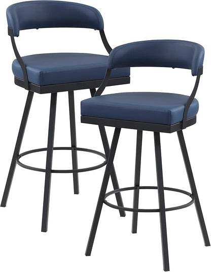 Lexicon Swivel Bar Stools Set of 2 - Bar Height Stools for Kitchen Island, Padded Seat, Open Back, Sturdy Black Metal Frame Finish and Blue Faux Leather Cushion Seat, Blue