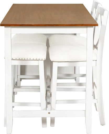 VilroCaz Farmhouse 5-Piece Dining Set, Compact Bar Pub Table With 3-Tier Shelf, Wooden Counter Height Table for 4, Perfect for Small Kitchen Dining Room (White-Chair+Stool)
