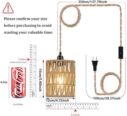 Boho Plug in Pendant Light, Hanging Light with Plug in Cord, Ceiling Lamp Rattan Cylinder Lamp Shade On-Off Switch, Hanging Plant Shelf Shelves Bohemian Decor for Bedroom Living Room Corner