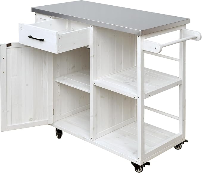 JIJIWANG 35.6" Outdoor Kitchen Island with Stainless Steel Top and Towel and Spice Racks, Rolling Kitchen Island with Storage for Small Spaces Patio White