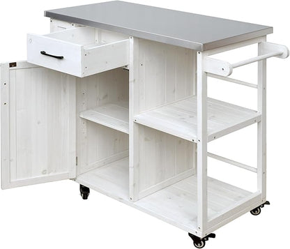 JIJIWANG 35.6" Outdoor Kitchen Island with Stainless Steel Top and Towel and Spice Racks, Rolling Kitchen Island with Storage for Small Spaces Patio White