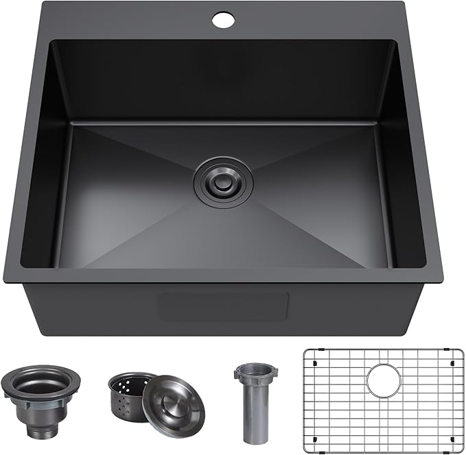 25 x 22 Inch Black Drop In Kitchen Bar Sink, Small Kitchen Sink Single Bowl Topmount Bar Prep Sink 18 Gauge Stainless Steel Bar Sink with Grid and Basket Strainer