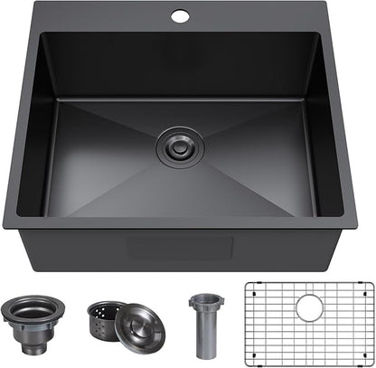 25 x 22 Inch Black Drop In Kitchen Bar Sink, Small Kitchen Sink Single Bowl Topmount Bar Prep Sink 18 Gauge Stainless Steel Bar Sink with Grid and Basket Strainer