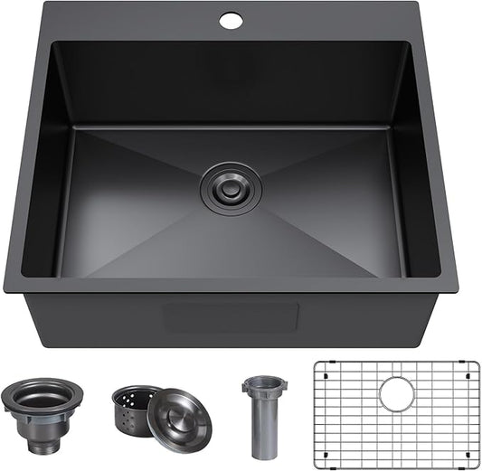 25 x 22 Inch Black Drop In Kitchen Bar Sink, Small Kitchen Sink Single Bowl Topmount Bar Prep Sink 18 Gauge Stainless Steel Bar Sink with Grid and Basket Strainer
