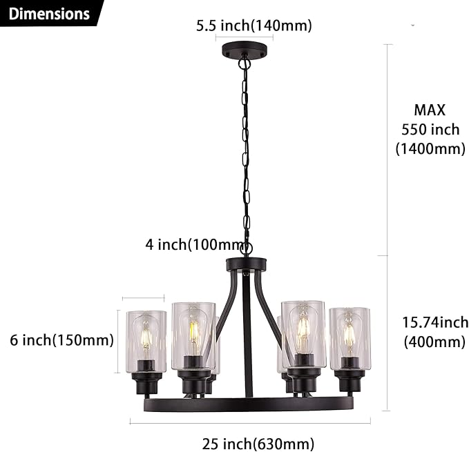 Farmhouse Chandelier for Dining Room Light Fixture Black Kitchen Pendant Light 6-Light Round Rustic Ceiling Hanging Lighting with Glass Globes Adjustable Height Metal E26