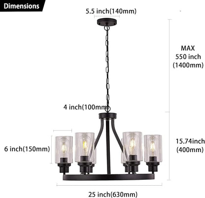 Farmhouse Chandelier for Dining Room Light Fixture Black Kitchen Pendant Light 6-Light Round Rustic Ceiling Hanging Lighting with Glass Globes Adjustable Height Metal E26