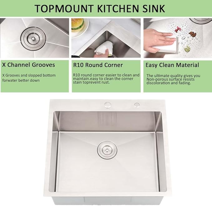 25 Inch Drop in Kitchen Sink-Wesliv 25x20 Stainless Steel Kitchen Sink Drop In Topmount 16 Gauge 10 Inch Deep Single Bowl Sinks with Dish Grid & Strainer