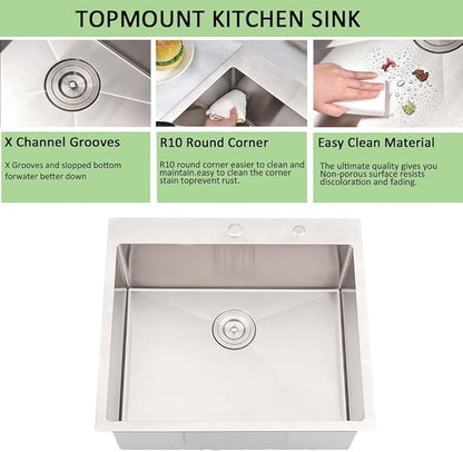25 Inch Drop in Kitchen Sink-Wesliv 25x20 Stainless Steel Kitchen Sink Drop In Topmount 16 Gauge 10 Inch Deep Single Bowl Sinks with Dish Grid & Strainer