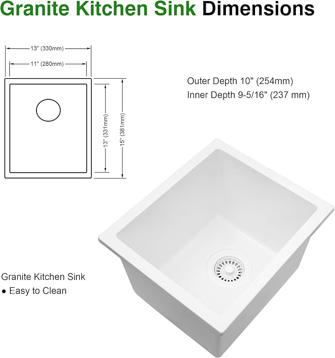 White Bar Sink, 13" x 15" x 10" Undermount Kitchen Sink, 13 Inch Small and Deep Single Bowl Granite Composite Kitchen Sink with Accessories, 13 x 15 White Quartz Stone Bar Sinks