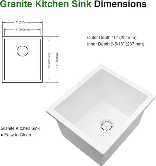 White Bar Sink, 13" x 15" x 10" Undermount Kitchen Sink, 13 Inch Small and Deep Single Bowl Granite Composite Kitchen Sink with Accessories, 13 x 15 White Quartz Stone Bar Sinks