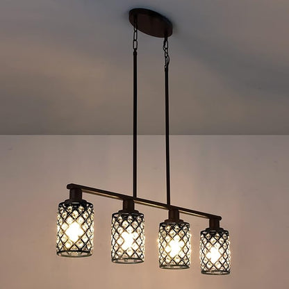 Dining Room Light Fixture Over Table,4-Light Island Lights for Kitchen,Black Pendant Lights Kitchen lsland Lighting,The Linear Chandelier with K9 Crystal and Black Grids Shade