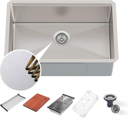 30" x 19" Kitchen Workstation Sink - 10" Deep Basin, 3D Embossed Undermount, Scratch Resistant Stainless Steel