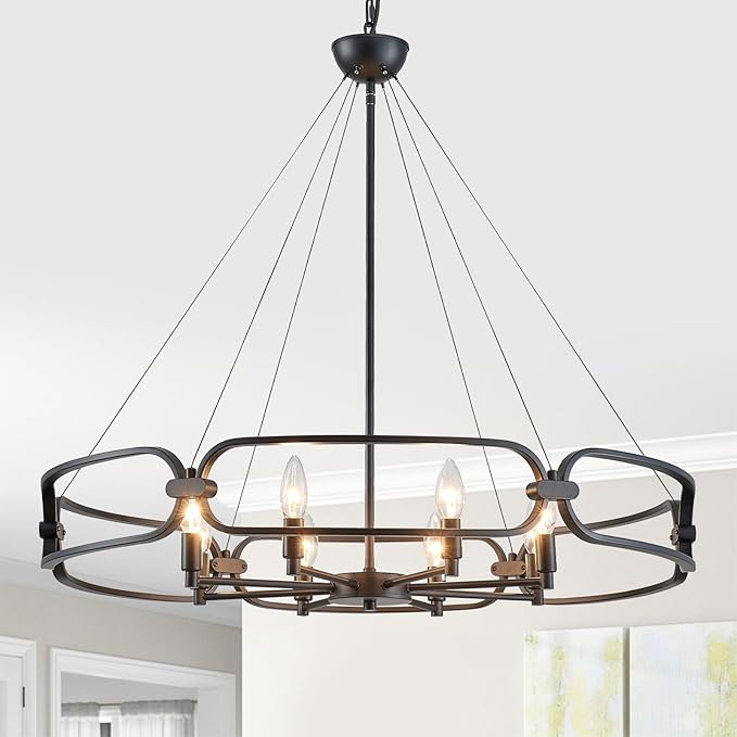 Black Chandelier, 31" Large 8-Light Industrial Chandeliers for Dining Room, Round Farmhouse Kitchen Pendant Lighting Fixture for Entryway, Living Room, Bedroom, Foyer, Office