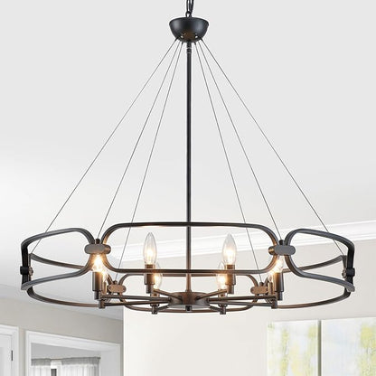 Black Chandelier, 31" Large 8-Light Industrial Chandeliers for Dining Room, Round Farmhouse Kitchen Pendant Lighting Fixture for Entryway, Living Room, Bedroom, Foyer, Office
