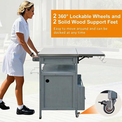Casaphoria 40.5" Outdoor BBQ Grill Cart, Stainless Steel Top Rolling Outdoor Kitchen Cart Flip Board, Fir Wood Bar Carts with Towel Holder, Lockable Wheels for Patio Lawn Garden,Blue