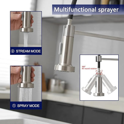 VOTON Kitchen Faucets with Pull Out Sprayer Commercial Spring Sink Faucet Stainless Steel Brushed Nickel Pull Down Single Handle Farmhouse faucets with Deck Plate for Camper Laundry Utility Rv Wet Bar