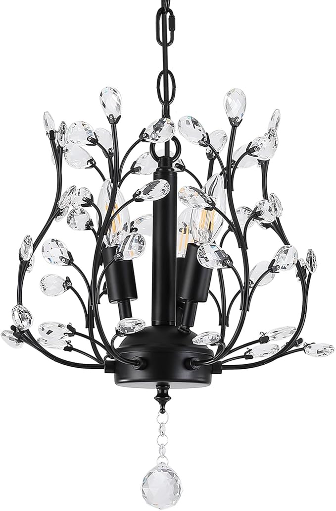 Small Black Crystal Chandelier, Farmhouse 3-Light Branch Crystal Pendant Light with 47.2'' Adjustable Chain, Vintage 13.8'' Ceiling Hanging Light Fixture for Dining Room, Kitchen, Entryway