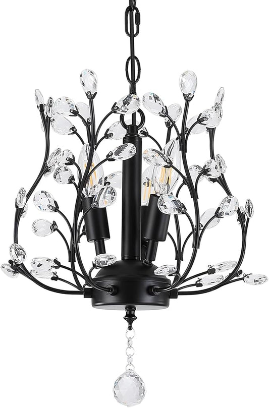 Small Black Crystal Chandelier, Farmhouse 3-Light Branch Crystal Pendant Light with 47.2'' Adjustable Chain, Vintage 13.8'' Ceiling Hanging Light Fixture for Dining Room, Kitchen, Entryway