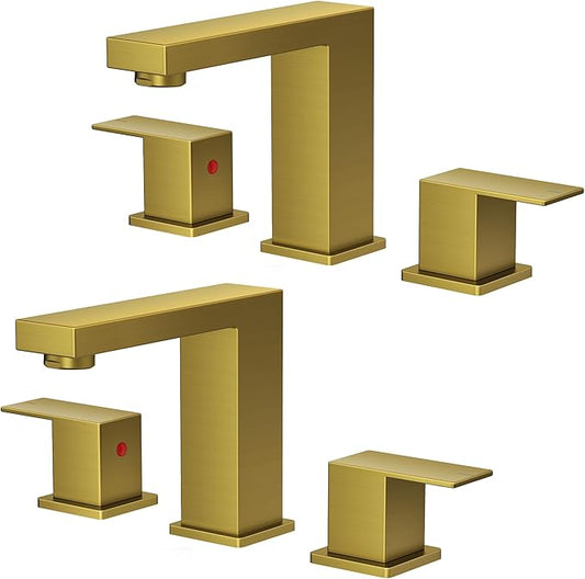 FORIOUS 2 Pack Gold Bathroom Faucet 3 Hole, Square 2 Handle 8 in Widespread Brushed Gold Bathroom Sink Faucet 3 Hole with Metal Drain, 24" CUPC Supply Lines and Spare Aerator
