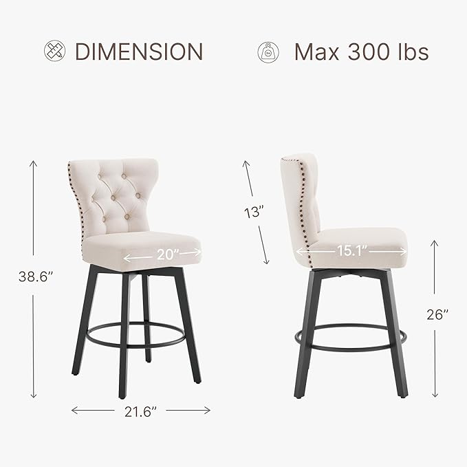 KISLOT Counter Height Barstools 26 inch Upholstered Button Tufted Swivel Bar Stools with Back for Kitchen Island,Set of 2,Beige Fabric