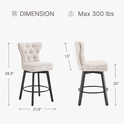 KISLOT Counter Height Barstools 26 inch Upholstered Button Tufted Swivel Bar Stools with Back for Kitchen Island,Set of 2,Beige Fabric