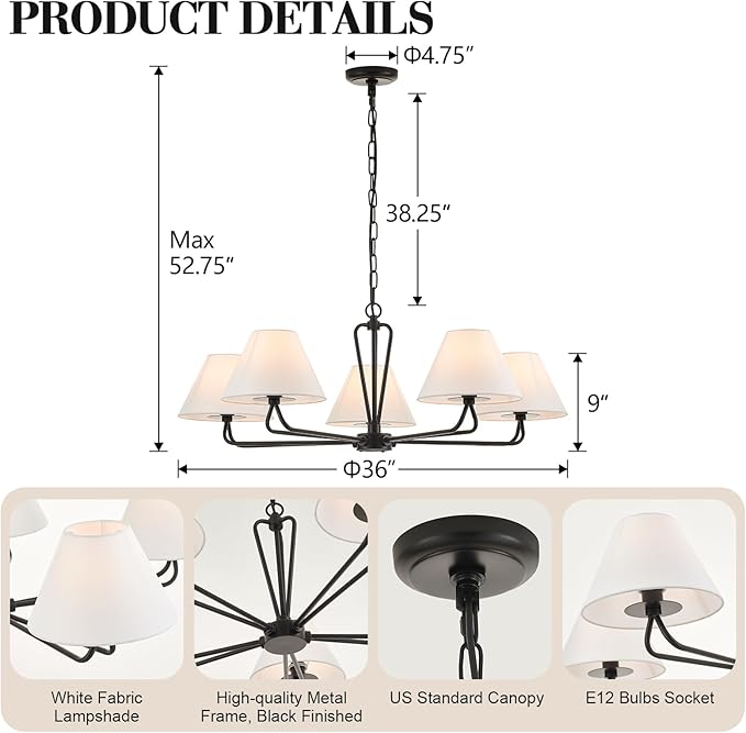 VILUXY Black Farmhouse Chandelier 5-Light Modern Chandelier with White Fabric Shade 35’’ Large Dining Room Light Fixture Adjustable Pendant Lighting for Kitchen Island Living Room, UL Listed