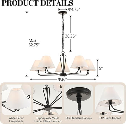 VILUXY Black Farmhouse Chandelier 5-Light Modern Chandelier with White Fabric Shade 35’’ Large Dining Room Light Fixture Adjustable Pendant Lighting for Kitchen Island Living Room, UL Listed