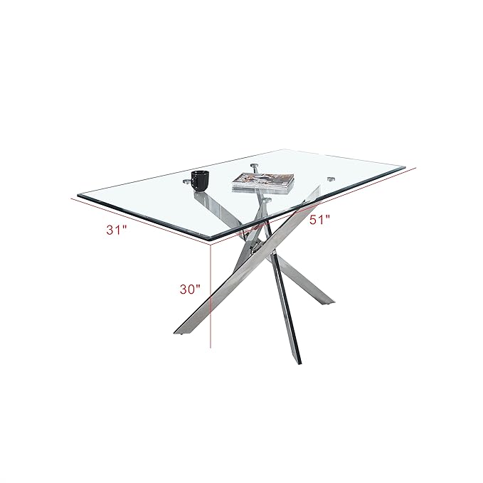 51" Glass Dining Table for 4-6, Modern Dining Room Table with 0.39" Tempered Glass Top and Cross X-Shaped Silver Stainless Steel Base, Rectangle Kitchen Dinner Table for Dining Room