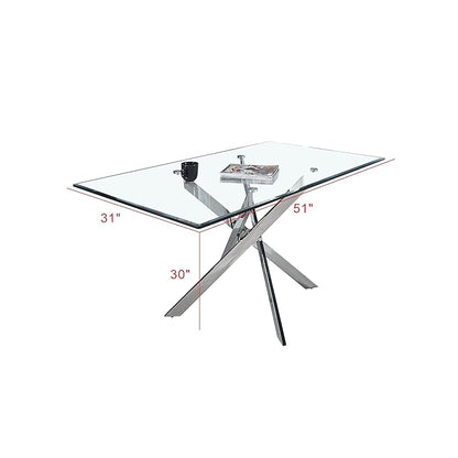51" Glass Dining Table for 4-6, Modern Dining Room Table with 0.39" Tempered Glass Top and Cross X-Shaped Silver Stainless Steel Base, Rectangle Kitchen Dinner Table for Dining Room