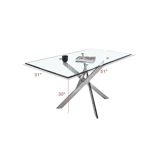 51" Glass Dining Table for 4-6, Modern Dining Room Table with 0.39" Tempered Glass Top and Cross X-Shaped Silver Stainless Steel Base, Rectangle Kitchen Dinner Table for Dining Room