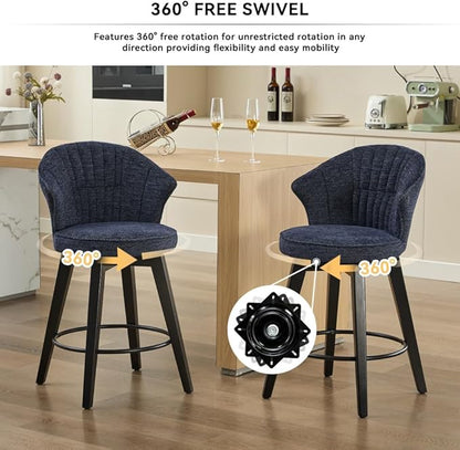 Set of 2 Counter Height Swivel Bar Stools, Chenille Upholstered Chairs with Wide Backrest for Bar, Kitchen Island, Dining Room, Dark Grey (Blue + Chenille + Foam)