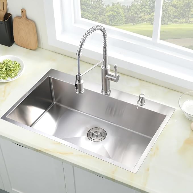 33 Inch Drop in Kitchen Sink, 33x19 Kitchen Sink Drop In Stainless Steel Top Mount Sinks 16 Gauge Single Bowl Deep Basin with Drain Strainer