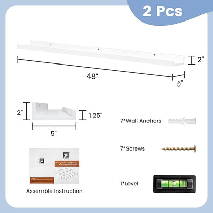 FLYJOE Picture Ledge Shelf, Floating Shelves Set of 2, Solid Ash Wood 48'' Long Large Nursery Book Shelves for Toys Storage, Kids Bookshelf for Living Room Bedroom Decor Books Photo Frames, White