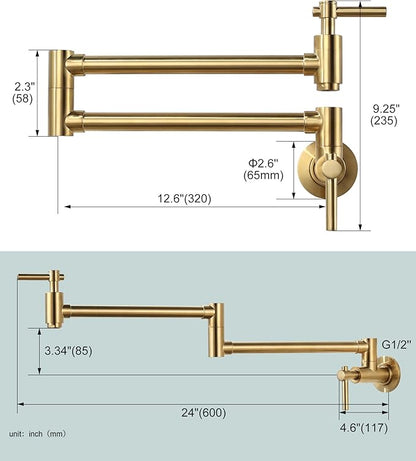 Gold Pot Filler Faucet, Wall Mount Copper Folding Faucet 2 Handle with Double Joint Swing Arms, Single Hole Brass Kitchen Faucet Over Stove