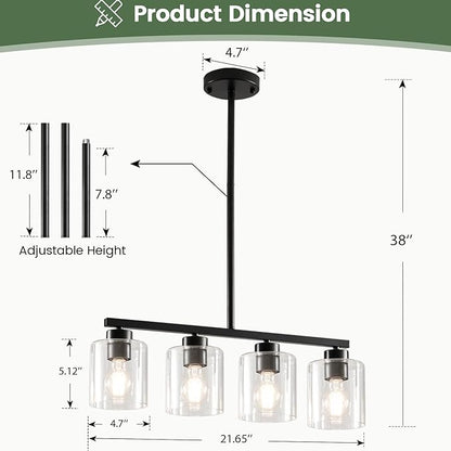 4-Light Kitchen Island Lighting, Black Pendant Light Fixture, Farmhouse Dining Room Light Fixtures Over Table, Modern Hanging Light Fixtures with Clear Glass, E26 Base, Bulbs Not Included