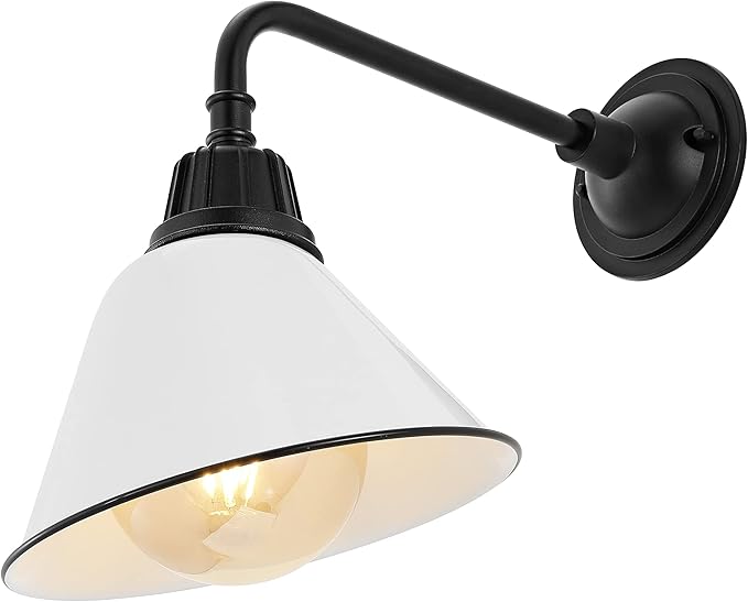 JONATHAN Y 9.63" White/Black 1-Light Farmhouse Outdoor Sconce, Industrial LED Wall Light, Gooseneck Arm Barn Lamp with Metal Bell Shade for Porch, Patio, Kitchen, LED Bulb Included JYL7612A