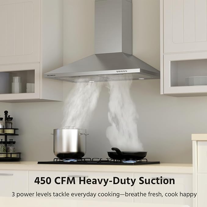 Range Hood 30 inch, 450 CFM Wall Mount Kitchen Hood in Stainless Steel with LED Lighting, 3 Speed Exhaust Fan, Ducted/Ductless Convertible (Charcoal Filters Included)