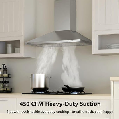 Range Hood 30 inch, 450 CFM Wall Mount Kitchen Hood in Stainless Steel with LED Lighting, 3 Speed Exhaust Fan, Ducted/Ductless Convertible (Charcoal Filters Included)